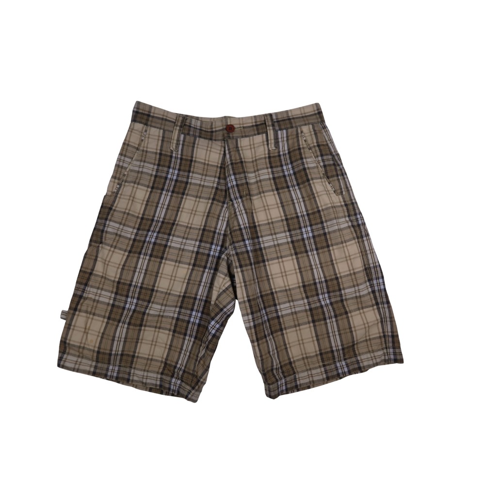 Mens Plaid Utility Cargo Shorts Tan Brown Blue Excellent Condition